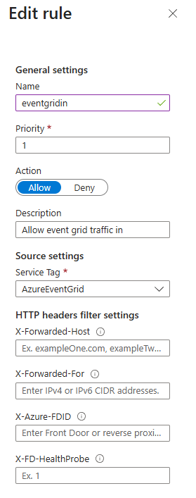 The access rule which allows EventGrid traffic ingress into our Logic App
